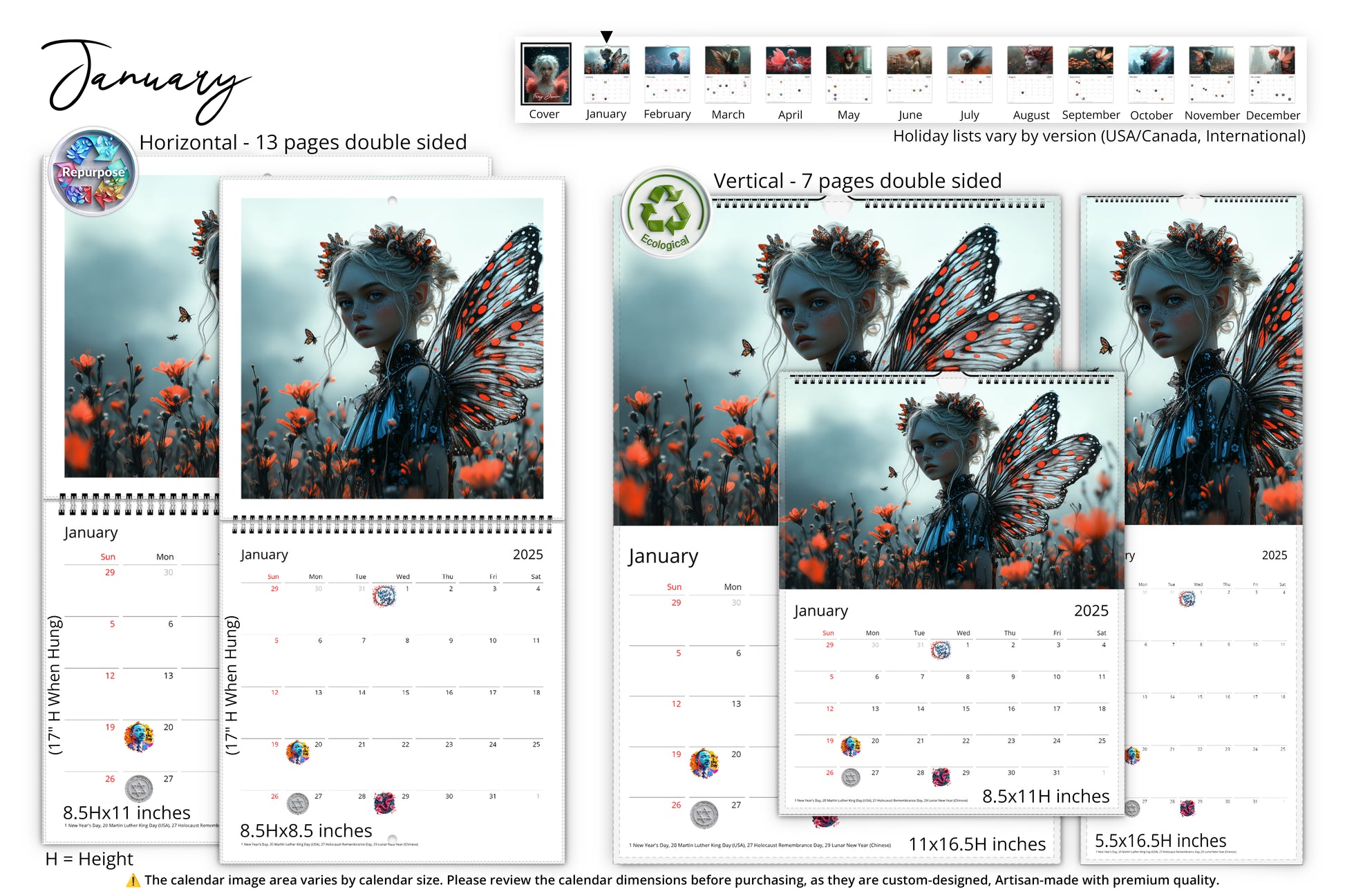 A fairy with dark butterfly wings stands among red poppies in a misty field. The calendar is shown in both vertical and horizontal formats, featuring eco-friendly badges and holiday markers.