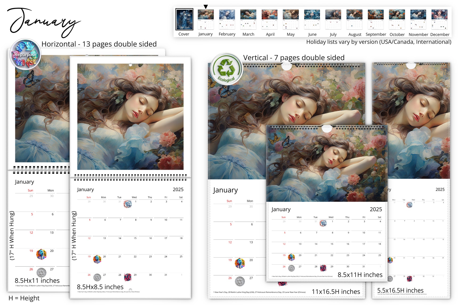 January page of the Floral Garden wall calendar showcasing a sleeping woman in a dreamy floral background in various sizes and formats