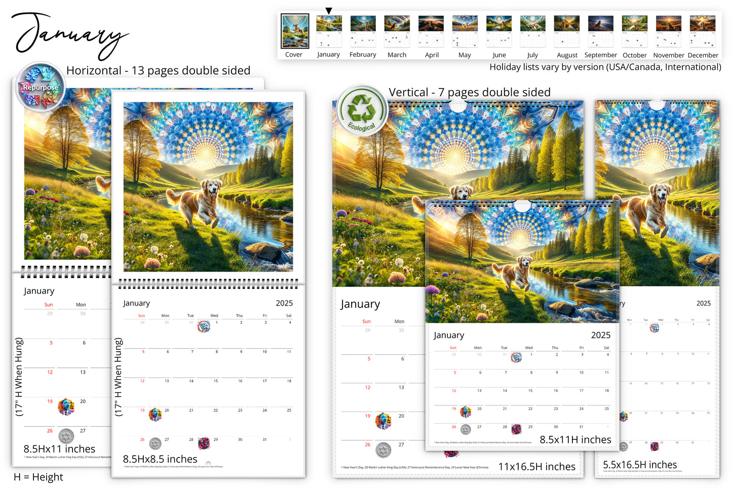 January page showing a Golden Retriever in a lush landscape at sunset, with mandala patterns in the sky; calendar dates displayed horizontally and vertically with US holidays.