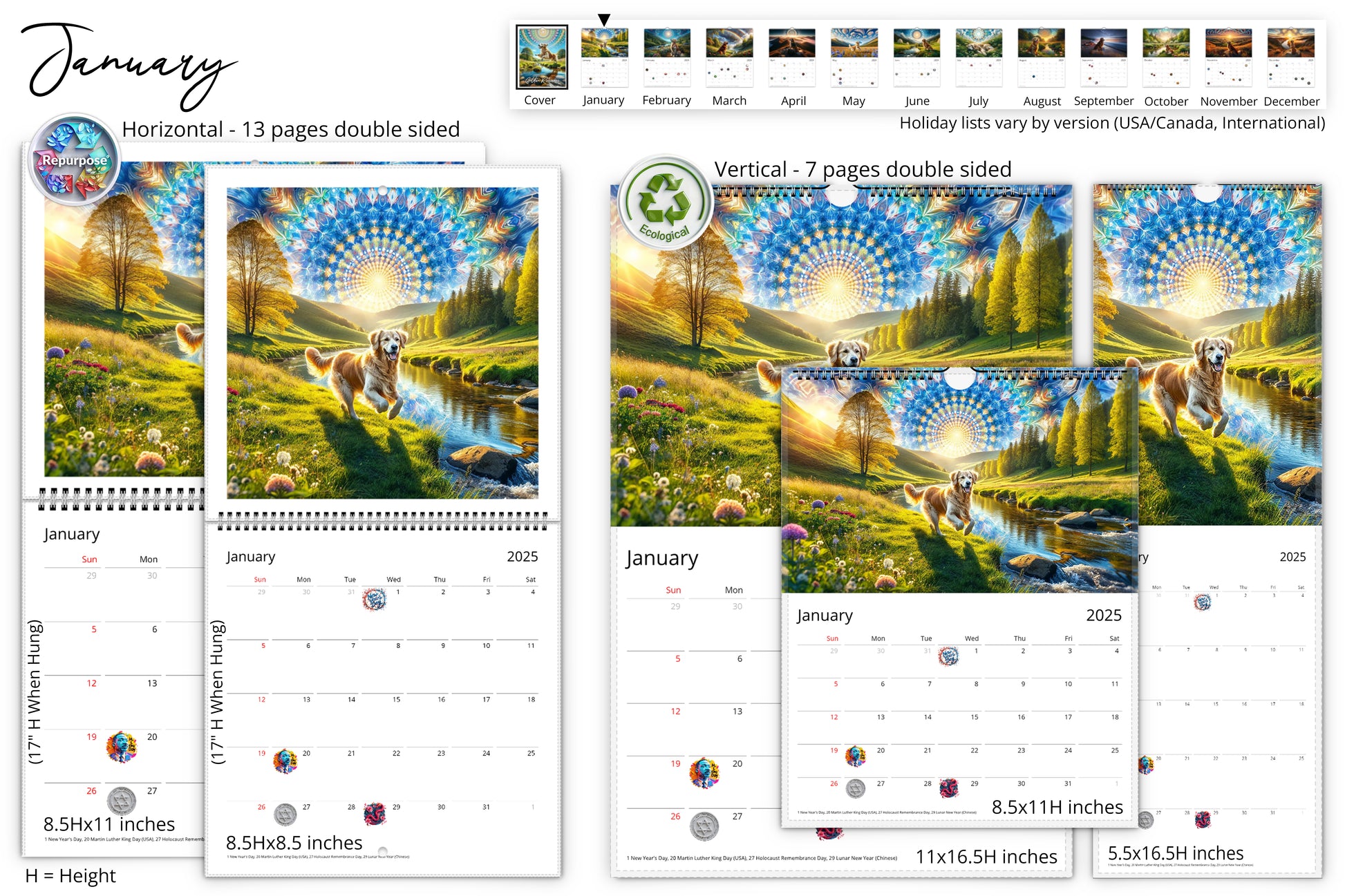 January page showing a Golden Retriever in a lush landscape at sunset, with mandala patterns in the sky; calendar dates displayed horizontally and vertically with US holidays.