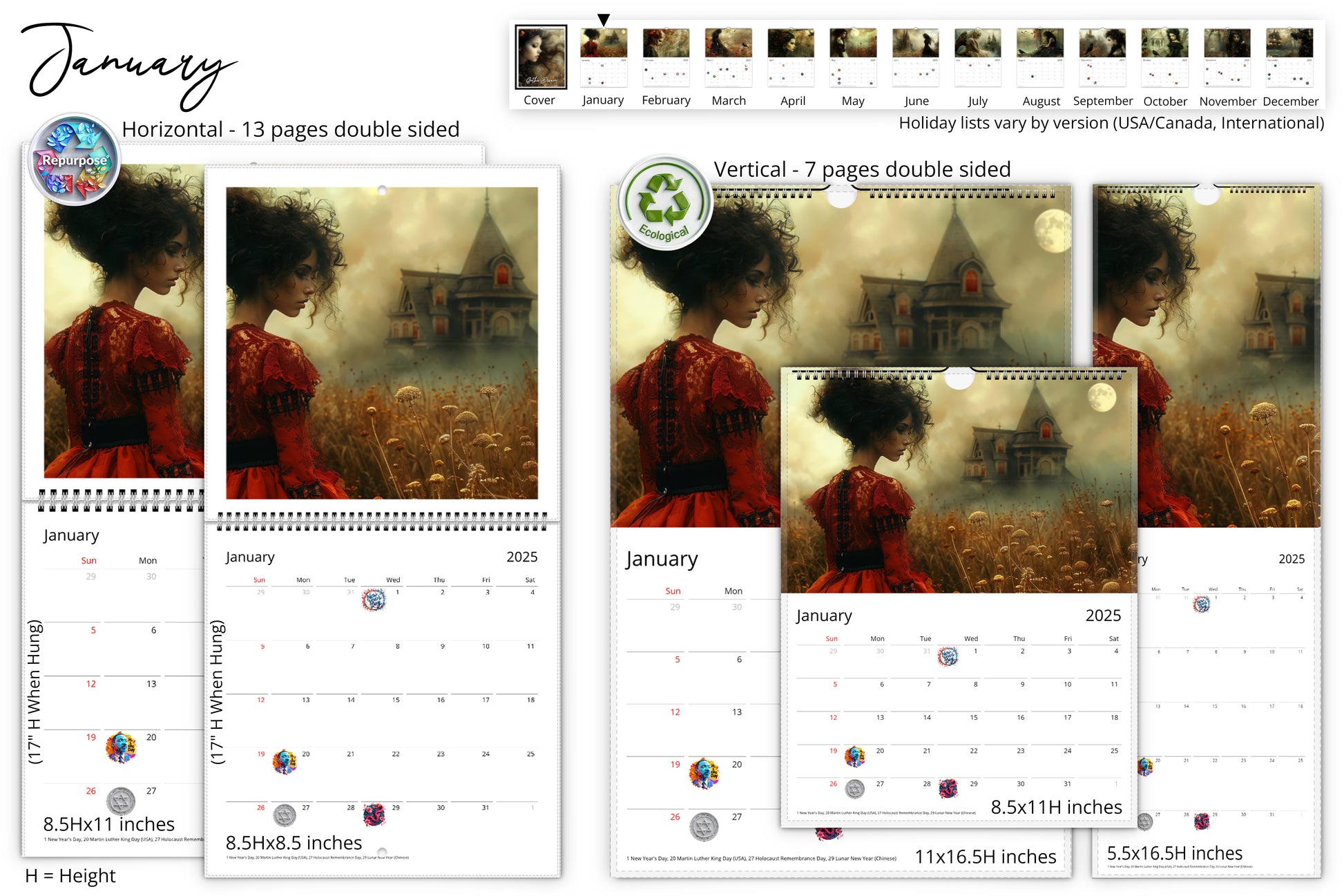 January calendar page showing a woman in a red dress standing in a field with a gothic mansion in the background