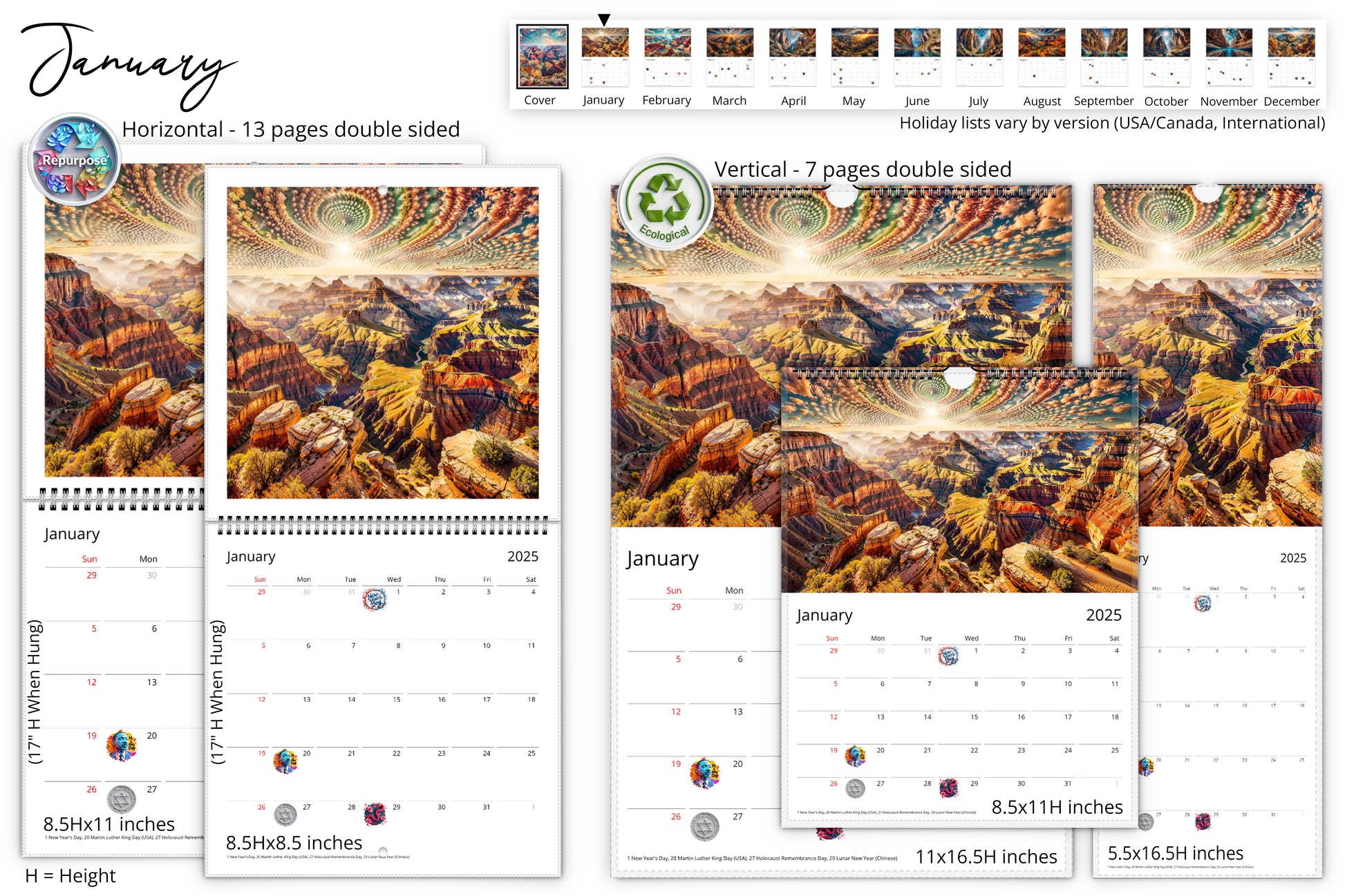 Grand Canyon calendar with vertical and horizontal layouts featuring eco-friendly labels and colorful Grand Canyon artwork for January.