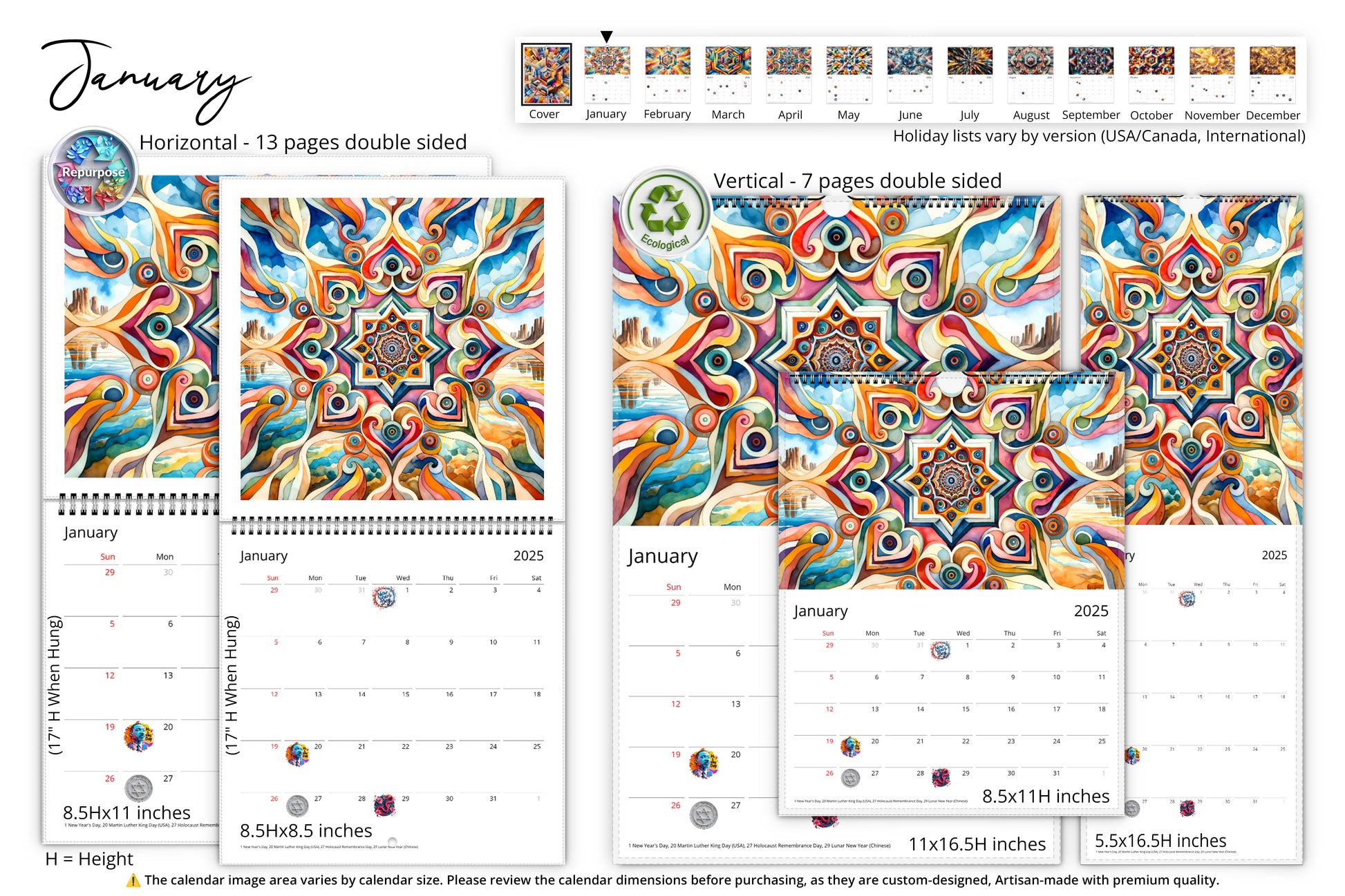 January page of the Kaleidoscope Artisan Wall Calendar displaying a colorful, swirling pattern with eye-like motifs and flowing curves, symbolizing new beginnings.