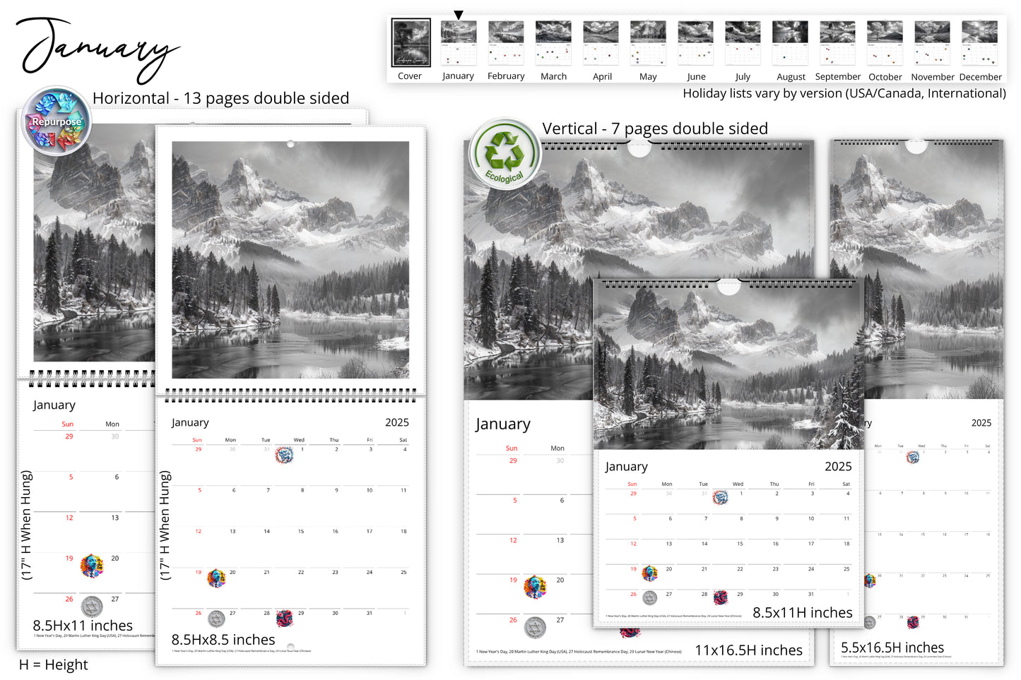 January calendar pages displayed in both horizontal and vertical formats, showcasing a black and white photograph of a snowy mountain landscape.