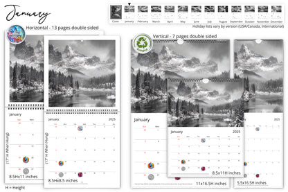 January calendar pages displayed in both horizontal and vertical formats, showcasing a black and white photograph of a snowy mountain landscape.