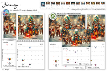 January page of Merriment wall calendar with an image of a group of reindeer wearing festive scarves and standing in the snow