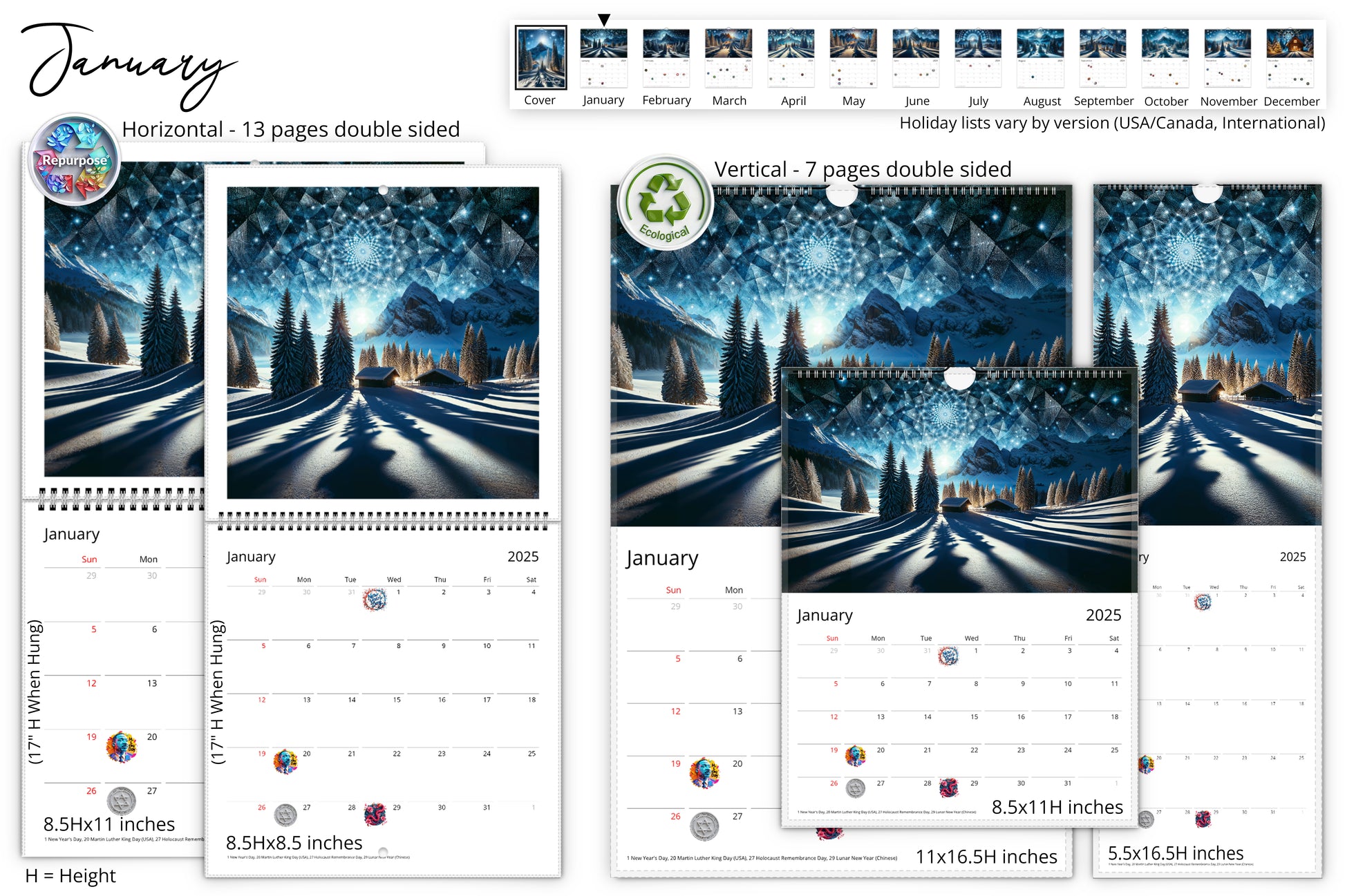 January page of Moonlit Mountains calendar displaying a winter scene with a log cabin and pine trees under a night sky with stars