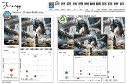 January calendar page with a breathtaking scene of a powerful dragon and a serene figure in a mystical waterfall setting double-sided in various sizes