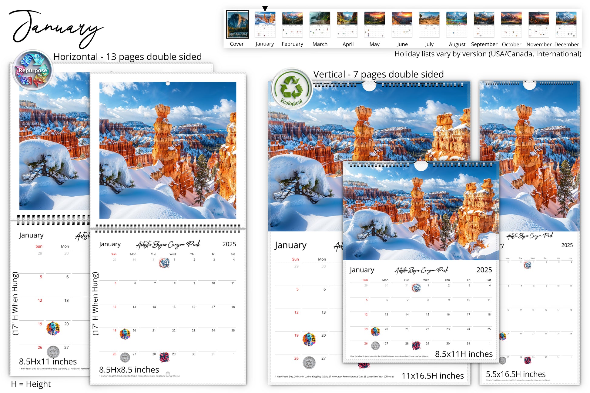 January calendar page with a double-sided layout, showcasing a snow-covered Bryce Canyon National Park landscape under a clear blue sky.