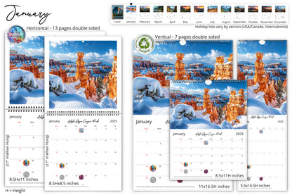 January calendar page with a double-sided layout, showcasing a snow-covered Bryce Canyon National Park landscape under a clear blue sky.