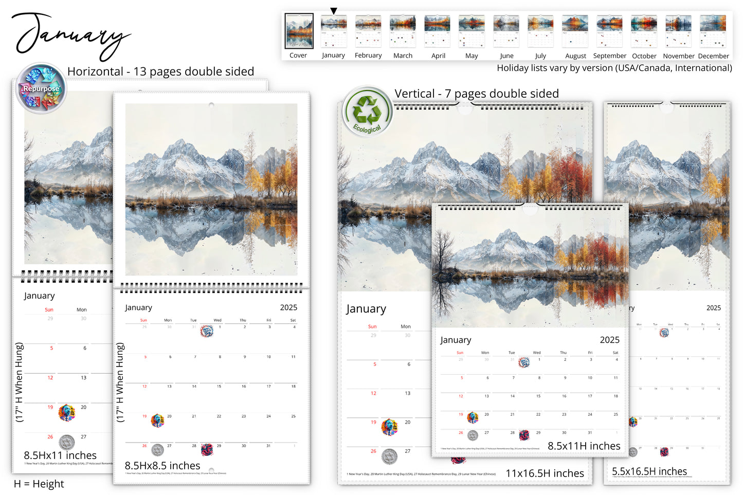 January calendar layout showcasing a snow-capped mountain range reflected in a pristine lake with vibrant autumn trees