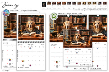 January page of the Paws of Justice calendar showing a Golden Retriever in a judicial setting with various calendar layout options displayed