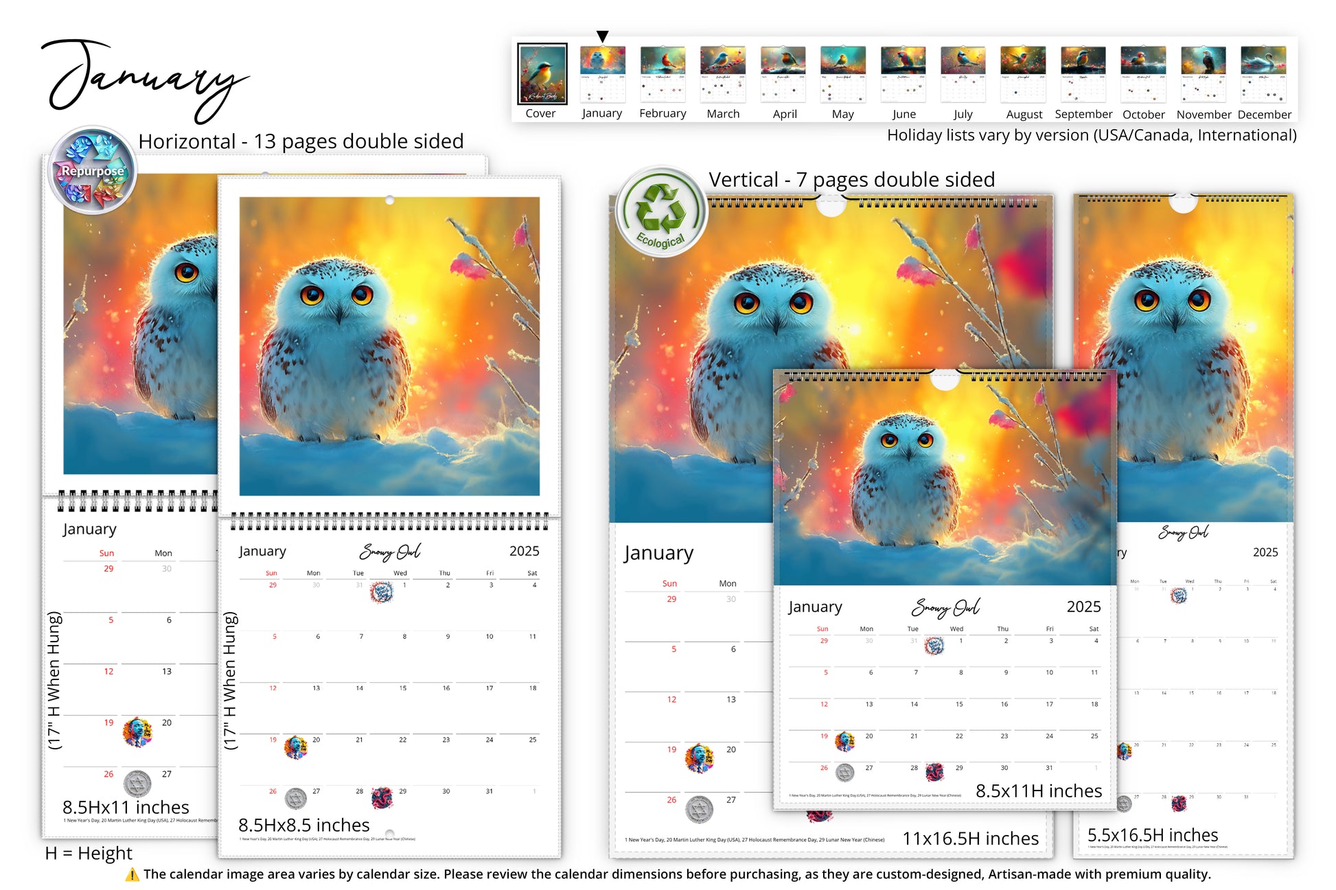 January calendar page showing a charming blue owl against a glowing background with various sizes of the calendar displayed.