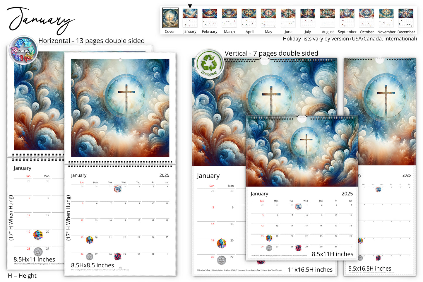 January page shows the same central glowing cross with swirling blue and white clouds, with a calendar grid below; special holidays are marked with colorful icons.