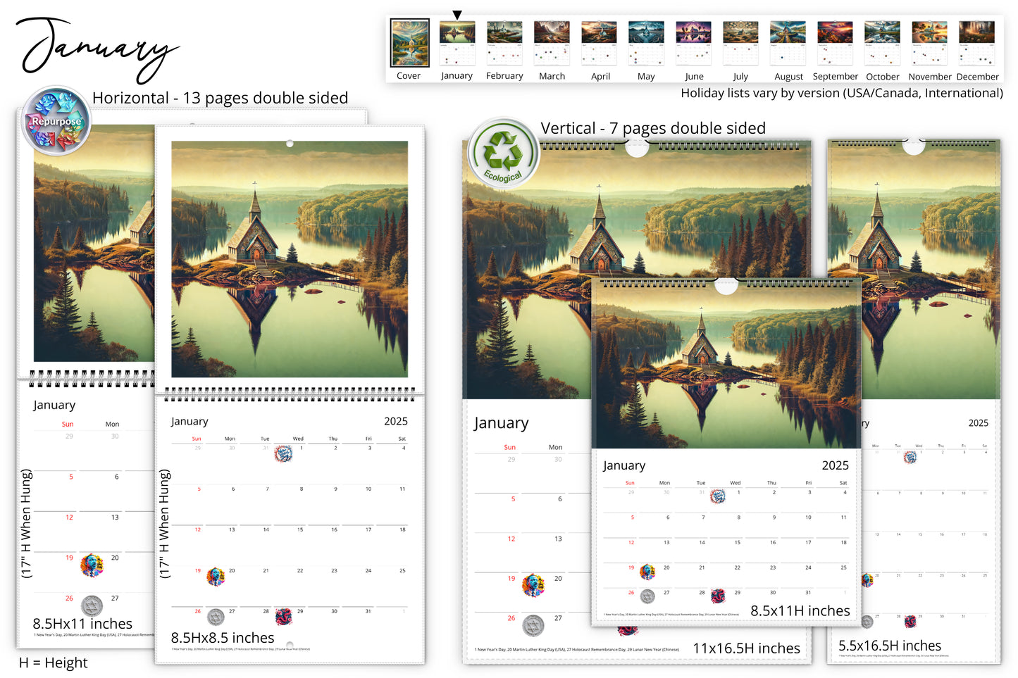 January calendar pages with an image of a picturesque chapel by a misty lake surrounded by trees, presented in horizontal and vertical formats with ecological and repurpose icons