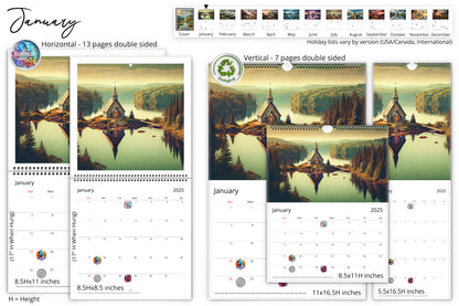 January calendar pages with an image of a picturesque chapel by a misty lake surrounded by trees, presented in horizontal and vertical formats with ecological and repurpose icons