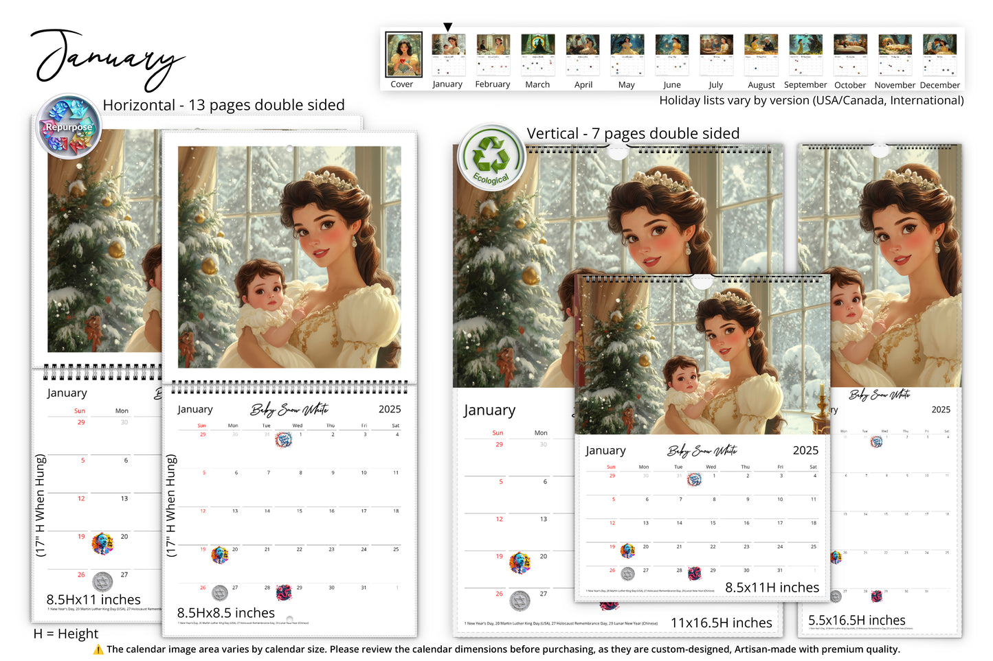 January: Snow White as a baby, held by a loving figure in a cozy, snowy scene.