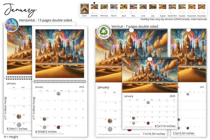 January calendar pages showcasing a magnificent steampunk desert city with colorful gears and mechanical elements in various calendar sizes