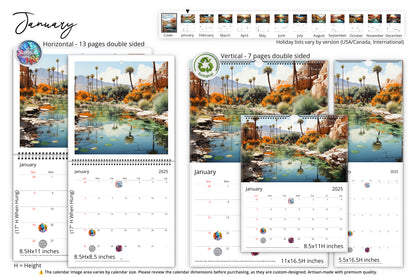 January calendar view featuring a desert scene with a reflective pond, surrounded by palm trees and vibrant orange foliage, displayed in multiple calendar sizes with a holiday list