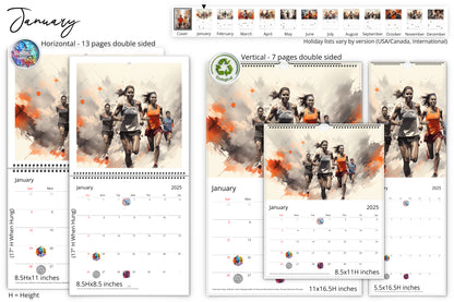 January calendar page showing multiple sizes with an image of several runners in action, wearing sports gear and running forward with determination