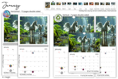 January calendar page showing unicorns with wings walking through a lush green forest stream, with double-sided calendar layouts in various sizes