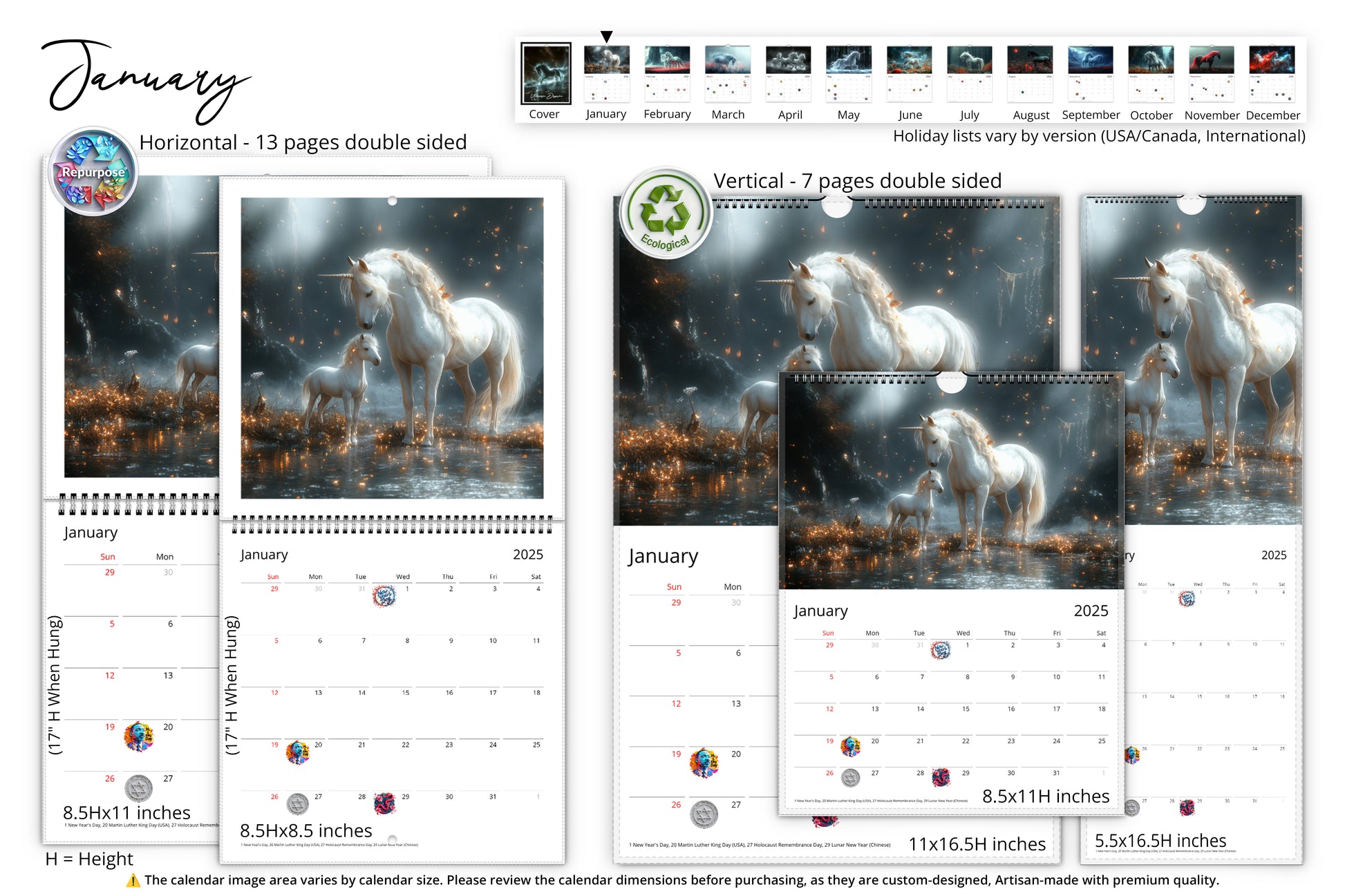 January month of the Unicorn Dream calendar showcasing a majestic white unicorn with a foal in an ethereal, misty setting with sparkling stars