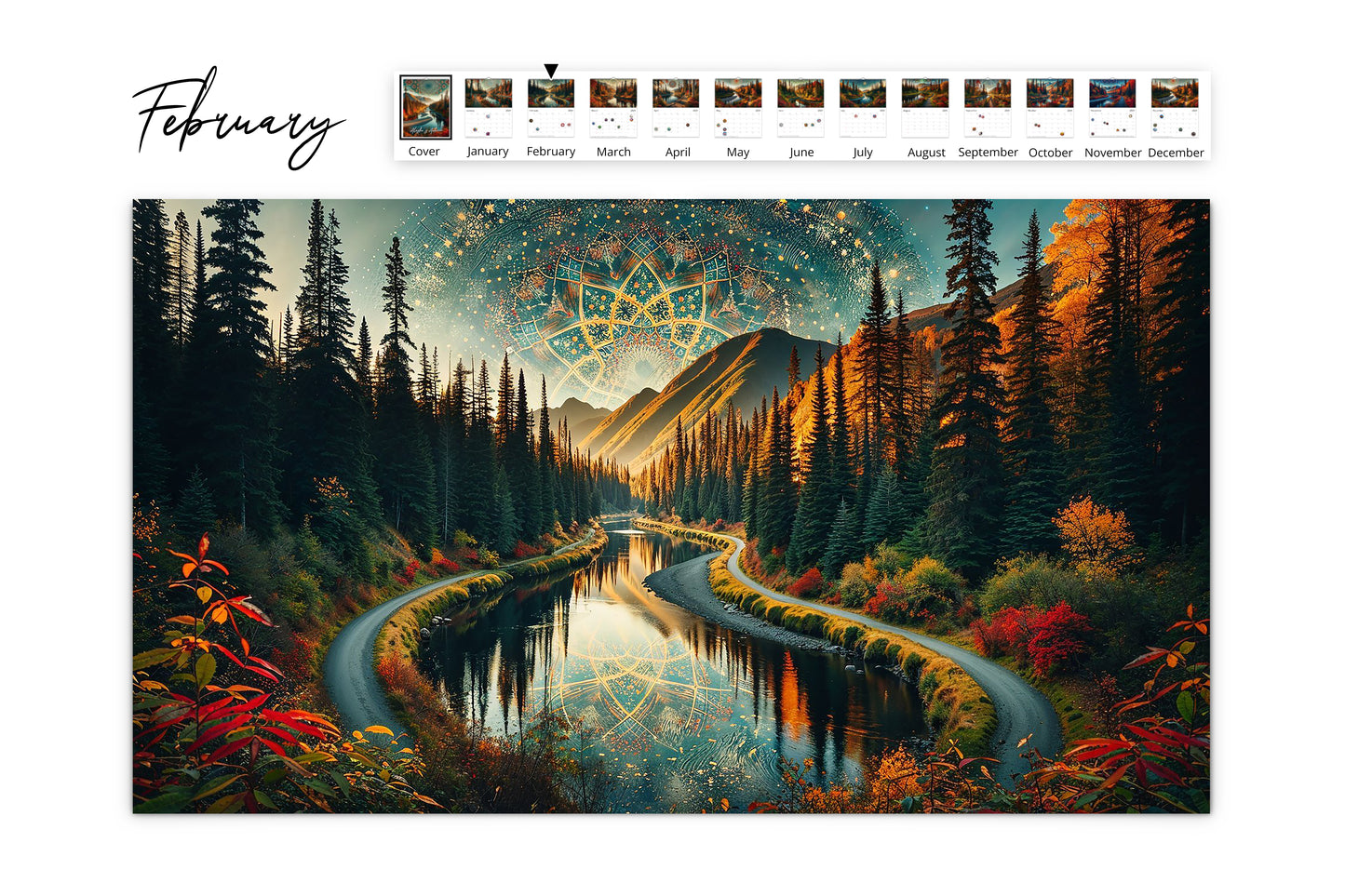 February: An autumn sunset casting golden light on a secluded river running through a dense Alaskan forest, under a sky adorned with kaleidoscopic patterns.