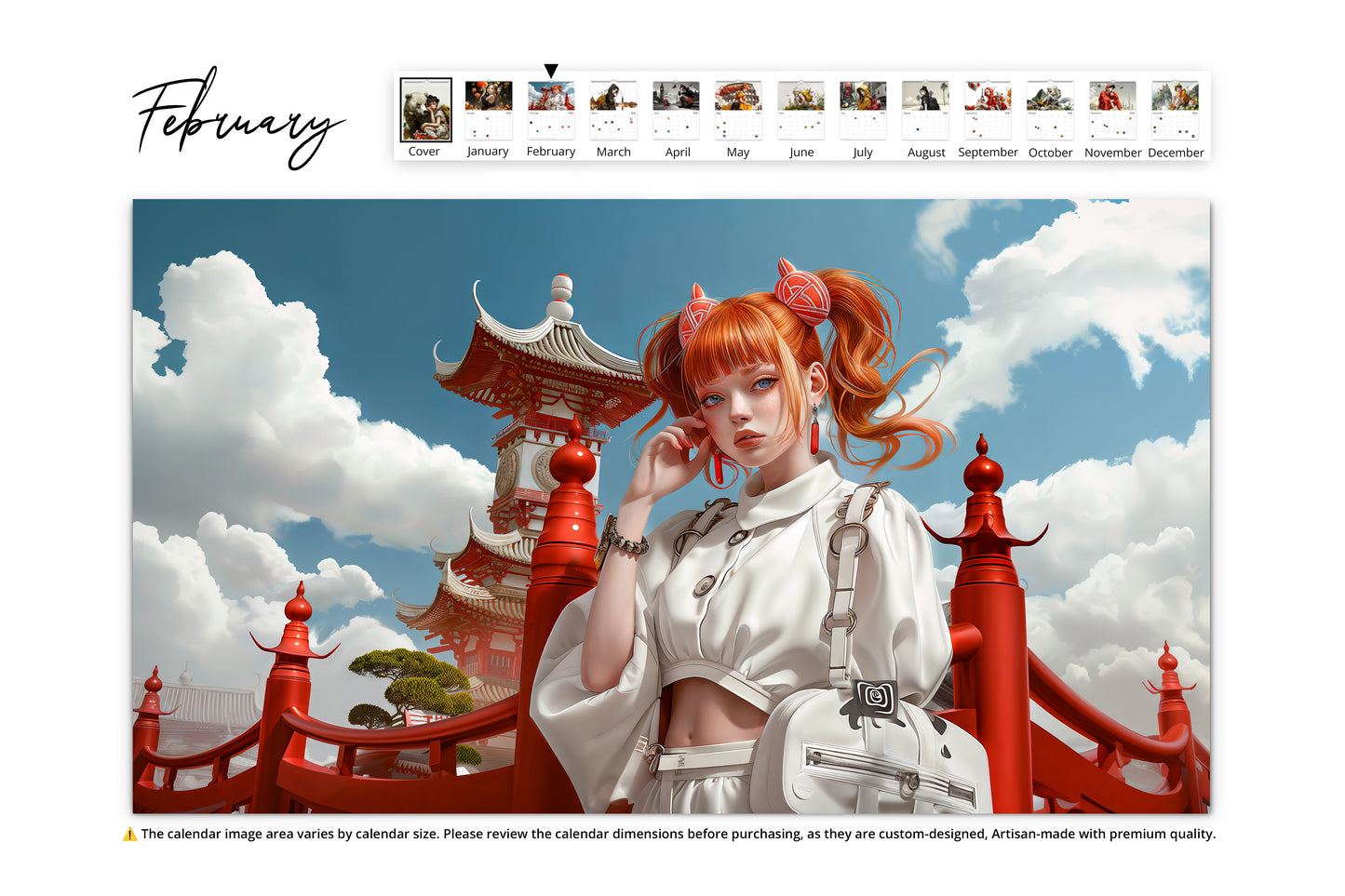 February page featuring a red-haired anime girl in front of a traditional Japanese temple with bright red architecture and blue sky