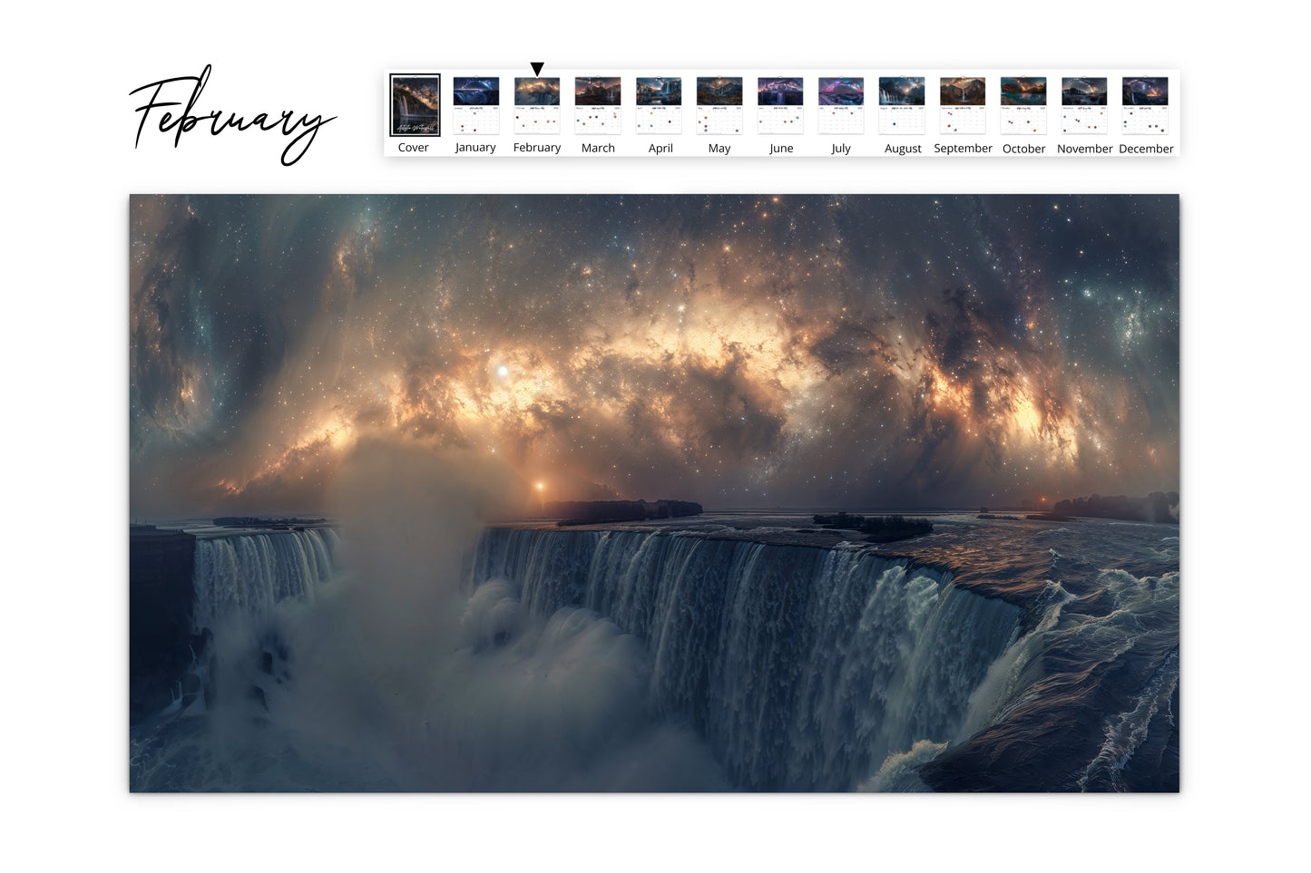 February page of the Artistic Waterfall calendar featuring a majestic waterfall cascading under a cosmic sky
