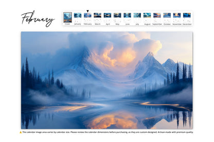 February image of majestic snow-capped mountains reflected in a tranquil lake at sunrise