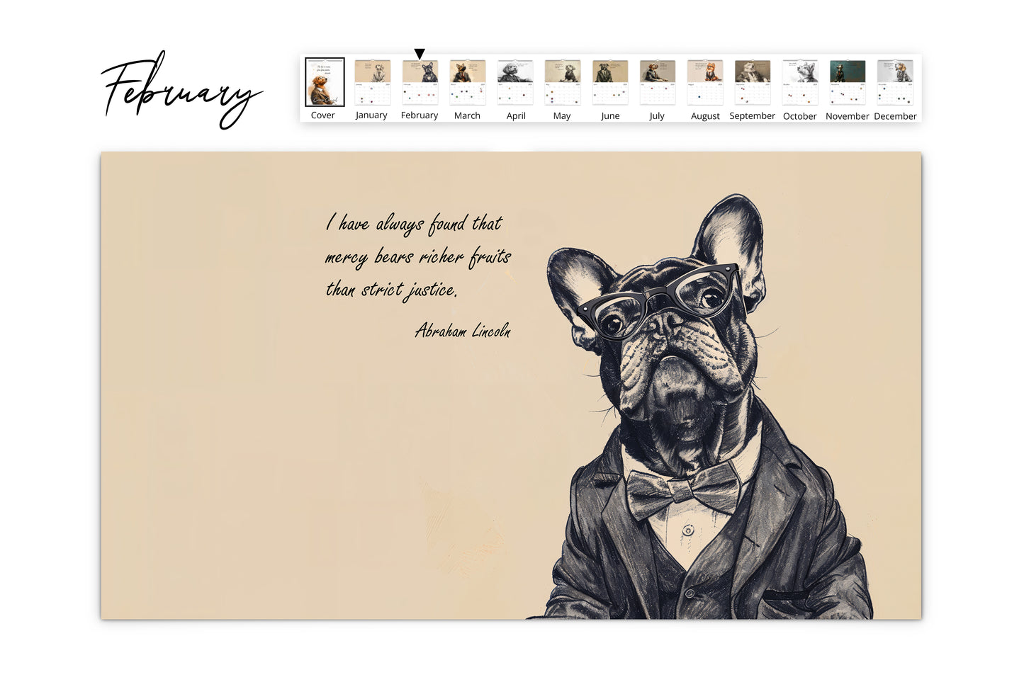 February page of the Canine Counsel Wall Calendar featuring a French bulldog in a bow tie and glasses with the quote "I have always found that mercy bears richer fruits than strict justice" by Abraham Lincoln. Includes calendar grid with holiday markings.