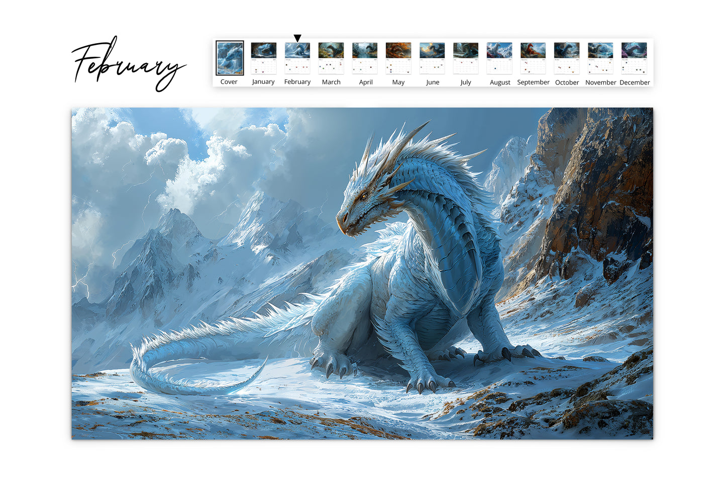 February calendar page displaying a dragon on a snowy mountain with clear blue skies