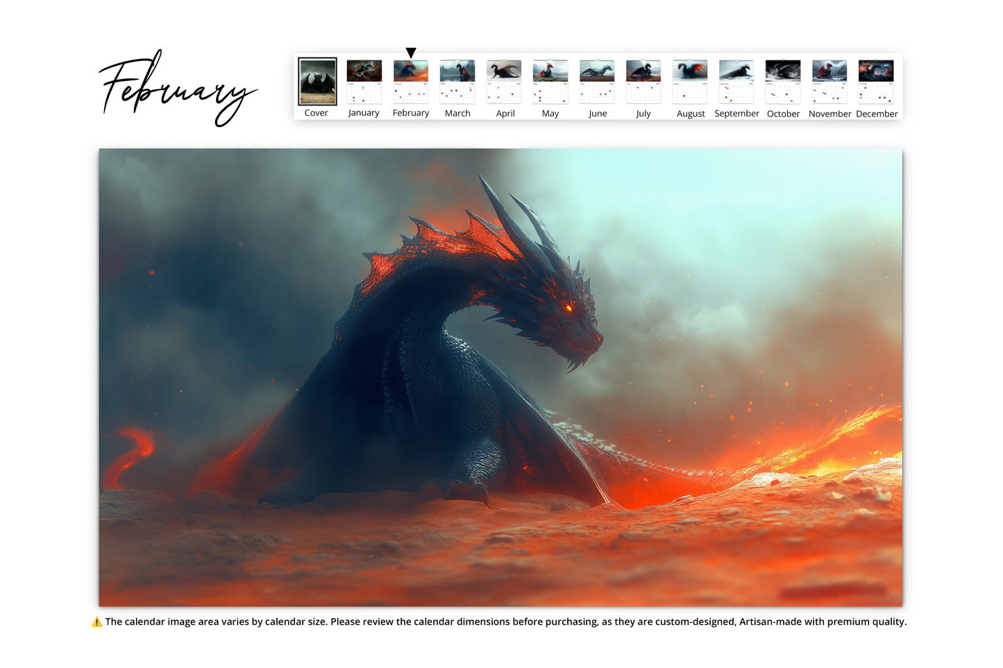 February page: black and red dragon in fiery landscape with glowing smoke.