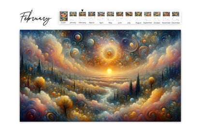 February page of the Edge of Eternity calendar with an abstract landscape featuring a glowing sunset, swirling clouds, and vibrant colors