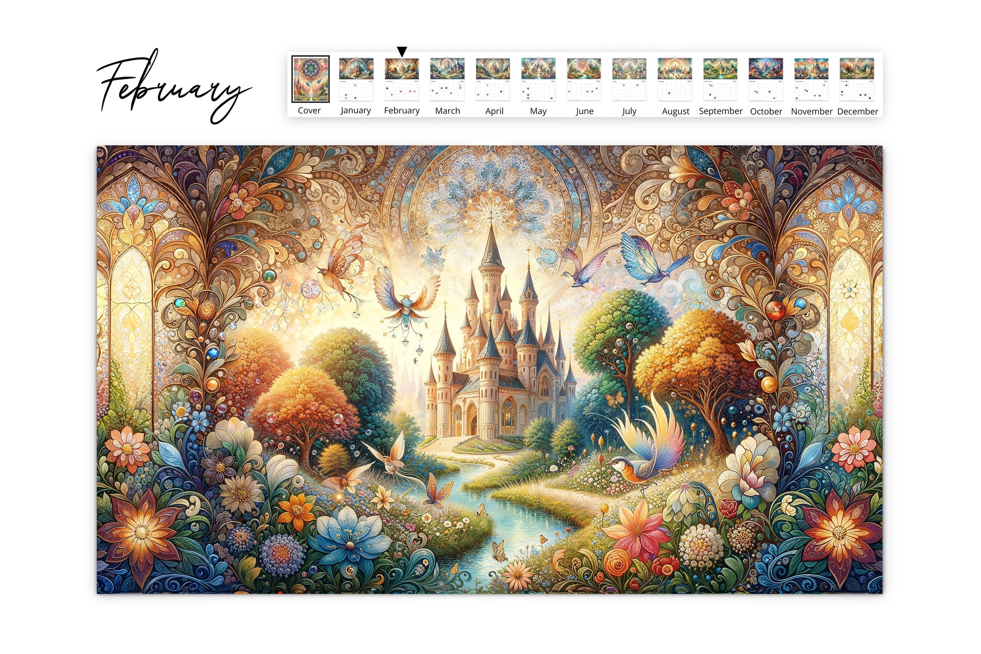 February calendar page with a fairy-tale castle amidst a dreamy garden of blooming flowers and flying birds