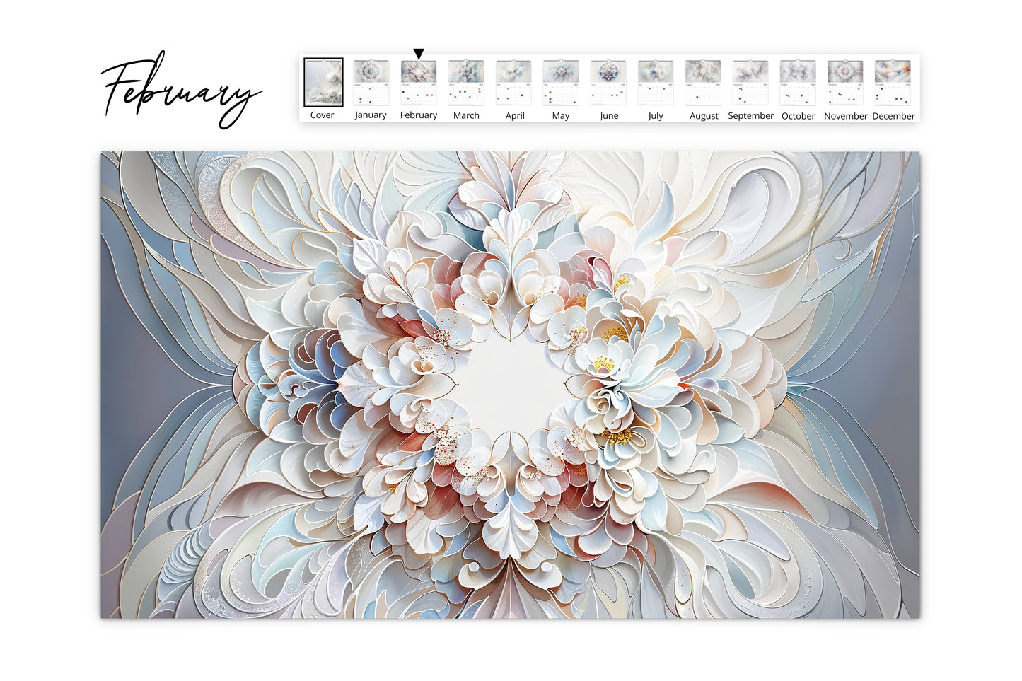Wall calendar for February, presenting a delicate white floral design with intricate petal details and a soft color palette.