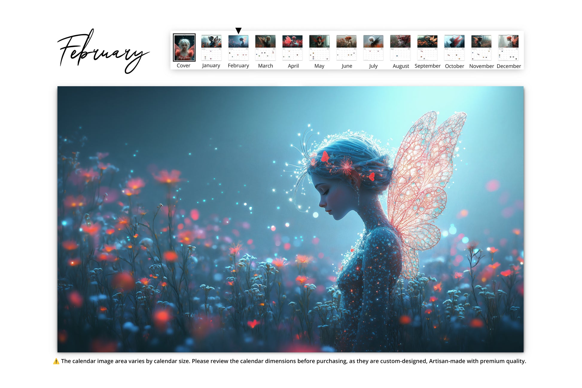 A glowing-winged fairy in profile stands in a misty field of wildflowers, illuminated by soft blue light. The scene feels tranquil and otherworldly.