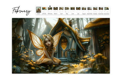 February page showcasing a fairy girl in a yellow dress and wings sitting outside a fairy house in a mystical forest