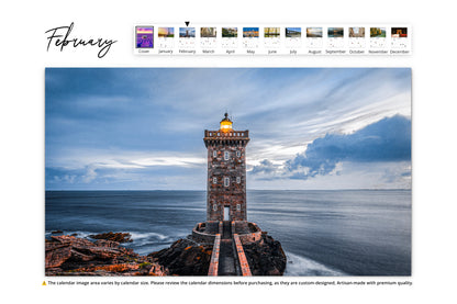 Coastal lighthouse standing tall on a rocky outcrop against a dramatic sky over the ocean in Brittany, France.