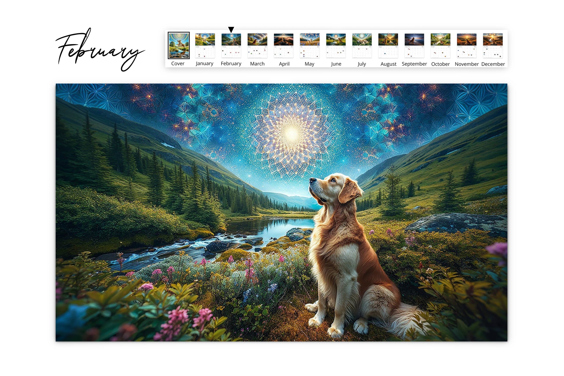 February image of a Golden Retriever sitting by a mountain stream under a brilliant cosmic mandala, blending into a wildflower-filled valley.