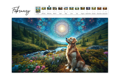 February image of a Golden Retriever sitting by a mountain stream under a brilliant cosmic mandala, blending into a wildflower-filled valley.