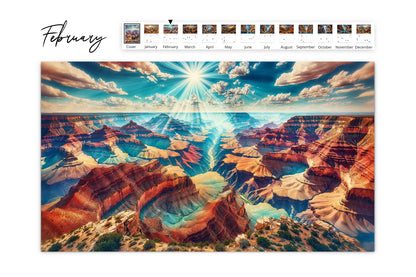 Calendar page featuring a radiant sunburst over the Grand Canyon, highlighting a vivid, colorful sky and the deep hues of the canyon.