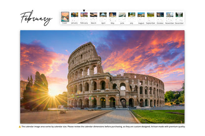 February Image The Colosseum in Rome, Italy, illuminated by the setting sun with a dramatic sky in the background.