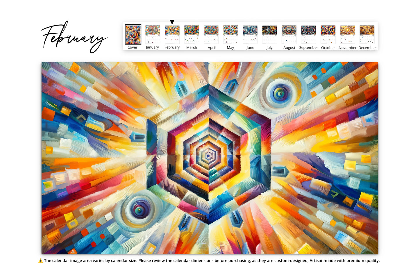 February page shows a dynamic, abstract artwork with sharp geometric shapes and a radiant burst of colors ranging from warm yellows to cool blues.