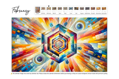 February page shows a dynamic, abstract artwork with sharp geometric shapes and a radiant burst of colors ranging from warm yellows to cool blues.