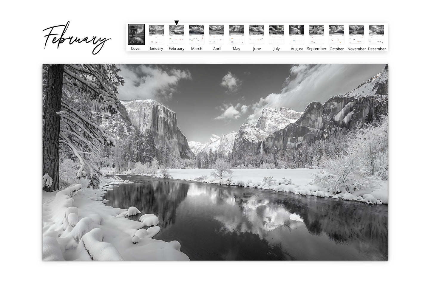 February calendar image featuring a snow-covered riverbank with towering cliffs and pine trees reflected in the still water.