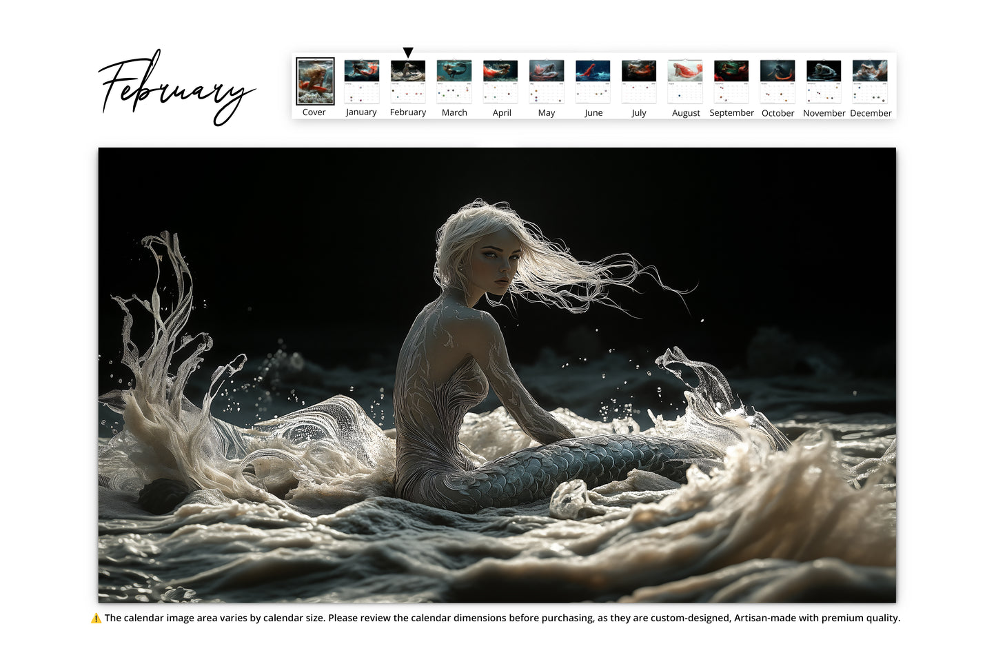 A mystical scene of a silver-haired mermaid sitting on frothy waves in a dramatic dark ocean, her silver tail and hair glistening, creating an ethereal atmosphere.