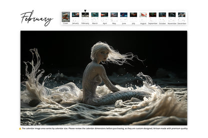 A mystical scene of a silver-haired mermaid sitting on frothy waves in a dramatic dark ocean, her silver tail and hair glistening, creating an ethereal atmosphere.