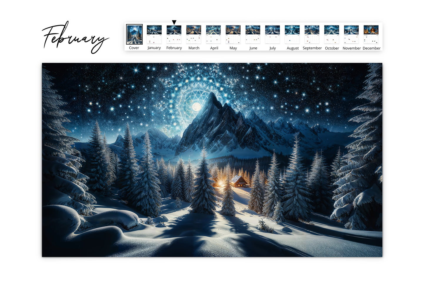 February page of Moonlit Mountains calendar showcasing a snowy mountain range with a cozy cabin and pine trees illuminated by moonlight