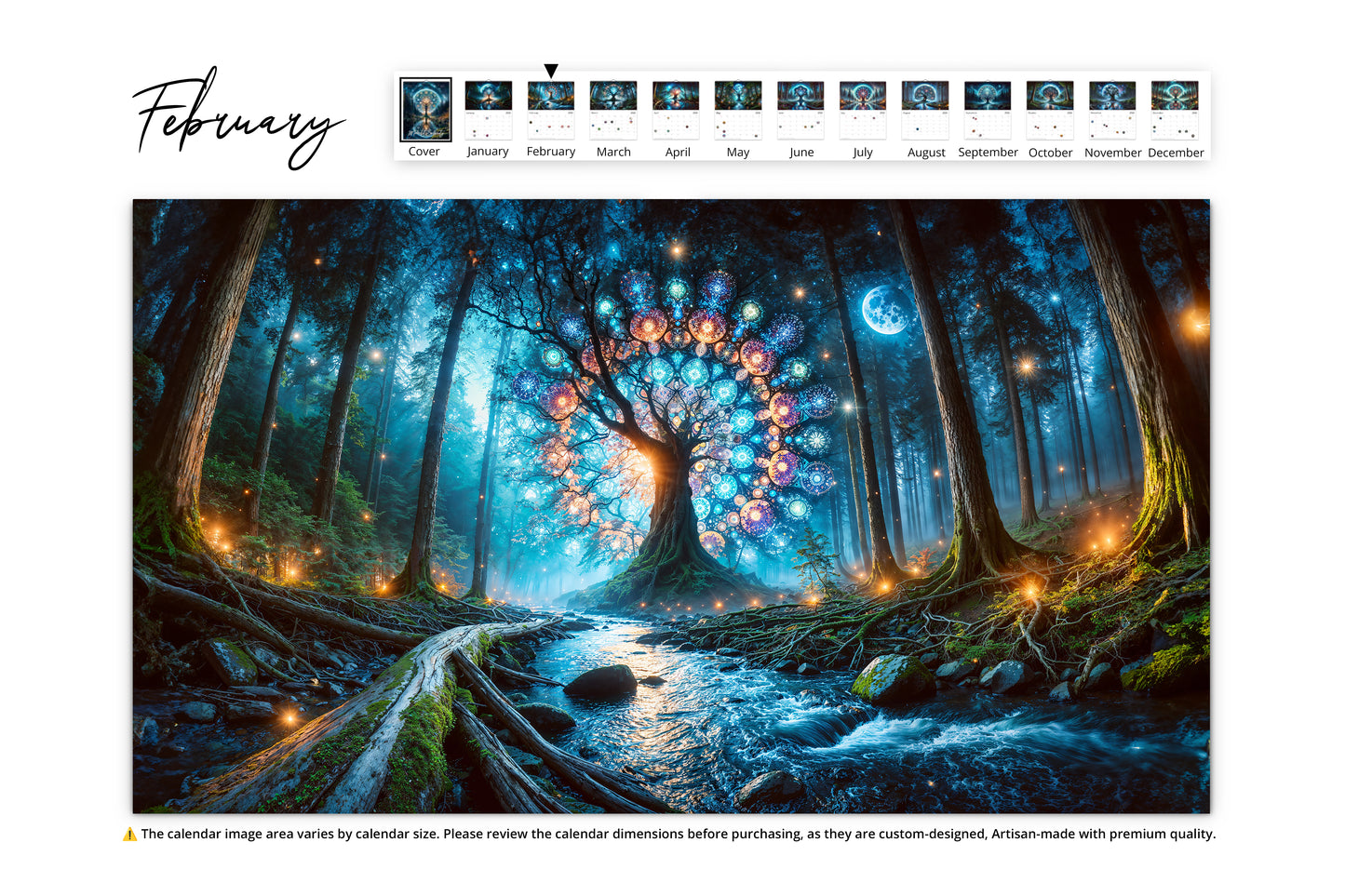 February An ethereal tree adorned with vibrant mandala-like patterns in a magical forest, lit by soft moonlight with twinkling lights surrounding the scene.